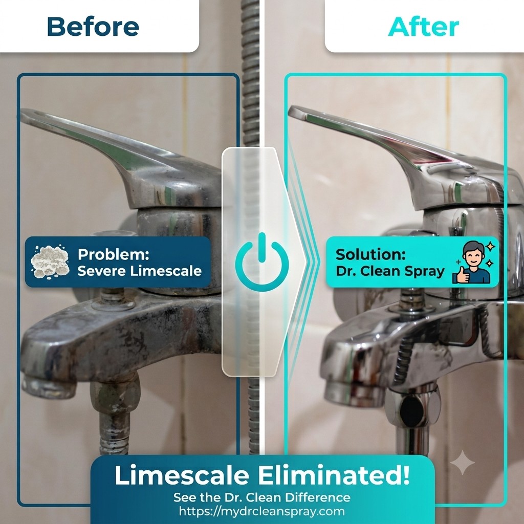 Before and after limescale removal with Dr Clean Spray